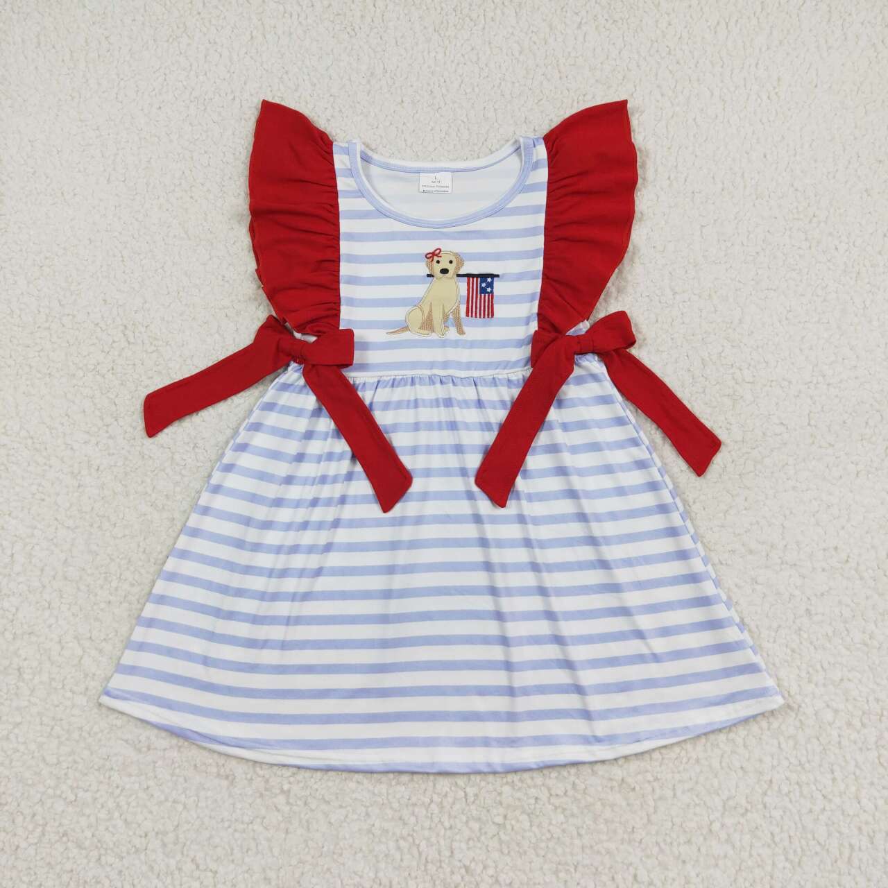 GSD0845 embroidery July 4th dog flag blue striped flutter sleeve girls dress