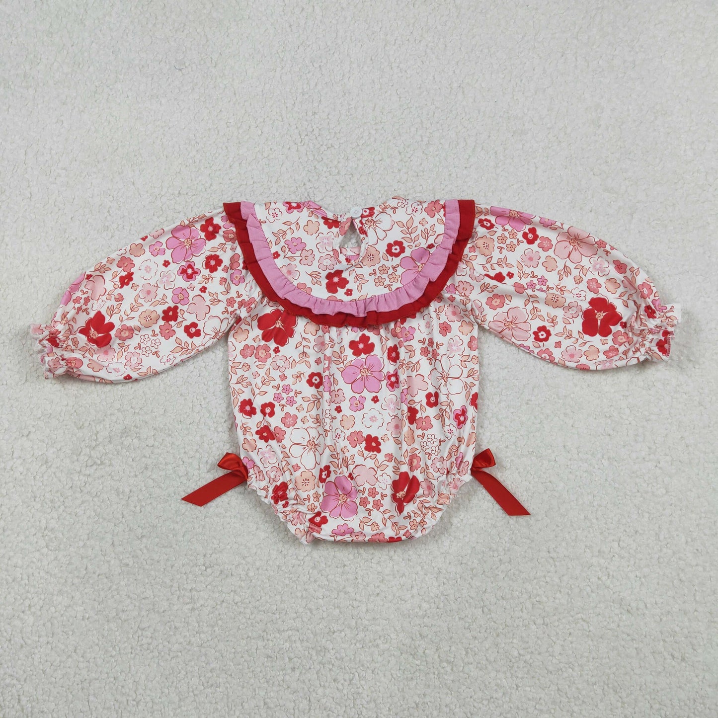 Smocked Embroidery LR2769 Jesus love me red pink flowers long sleeve girls romper