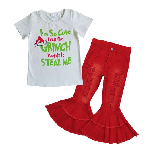 GSPO1107 Christmas Green Face White Short Sleeve Red Denim Pants Girls Set