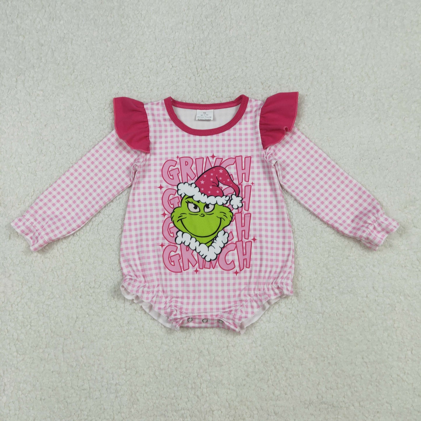 LR2554 Christmas green face pink checkered long sleeve girls romper
