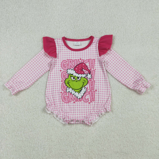 LR2554 Christmas green face pink checkered long sleeve girls romper