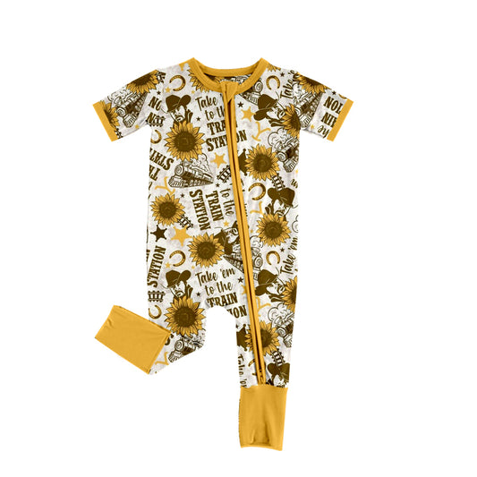 preorder SR0954 Take em to the Train Station Sunflowers Yellow Short Sleeve Zipper Girls Romper