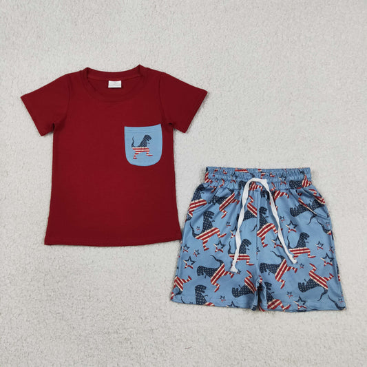 BSSO0519 July 4th Dinosaur Red Pocket Short Sleeve Blue Shorts Boys Set