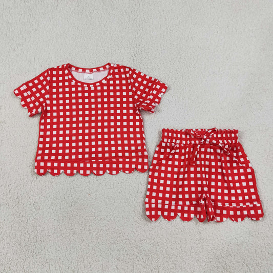 GSSO3838 Scallop Red Checkered Short Sleeve Shorts Girls Set