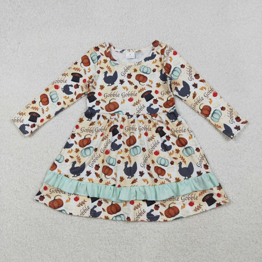 GLD0789 Thanksgiving turkey pumpkin long sleeve girls dress