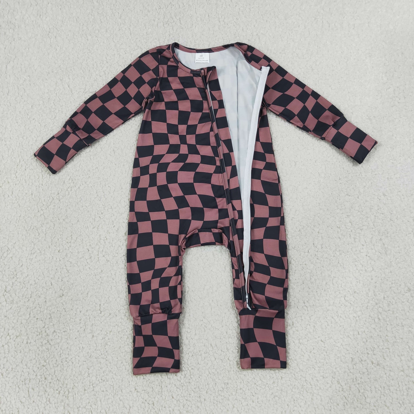 LR3115 Brown Black Checkered Zipper Long Sleeve Boys Romper