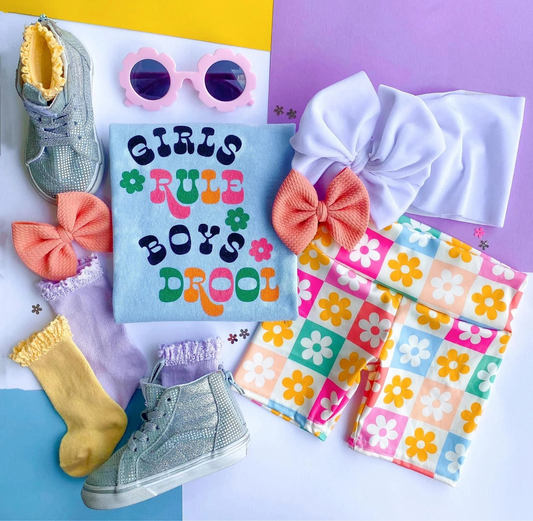 preorder GSSO0456 Girls rule boys drool grey short sleeve colorful flowers shorts girls set