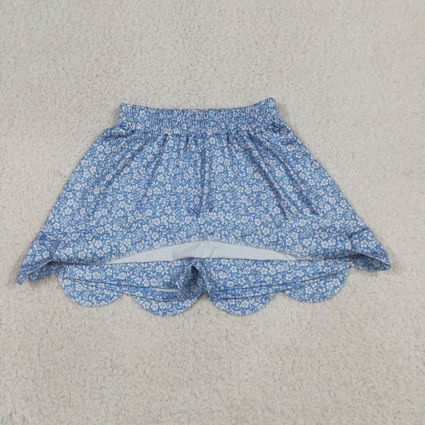 GLK0239 Scallop Milk Silk Blue Flowers Floral Skorts Girls Skirt