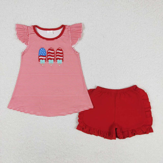 GSSO0759 embroidery July 4th ice red striped flutter sleeve red shorts girls set