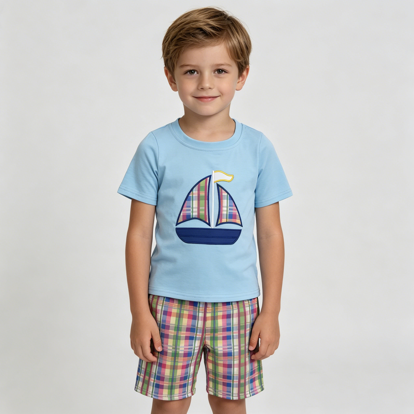 BSSO0127 Summer Blue Sailing Embroidery Boys Plaid Shorts Kids Set