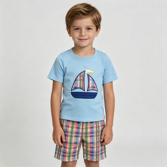 BSSO0127 Summer Blue Sailing Embroidery Boys Plaid Shorts Kids Set