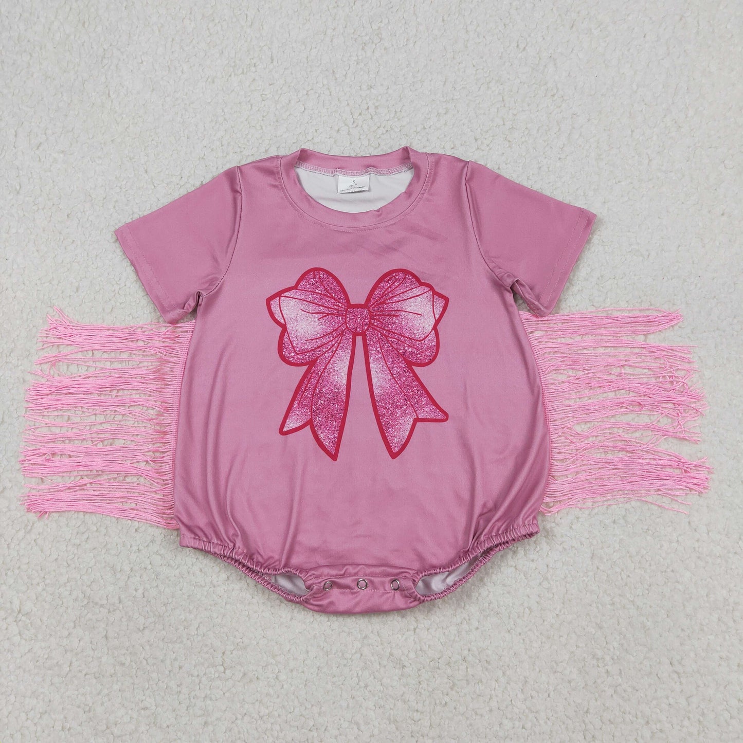 SR3187 cute bow pink short sleeve tassels girls romper