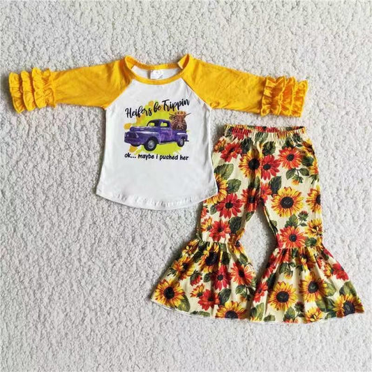 6 B0-2 Cartoon Truck Ruffles Long Sleeve Sunflower Pants Kids Set