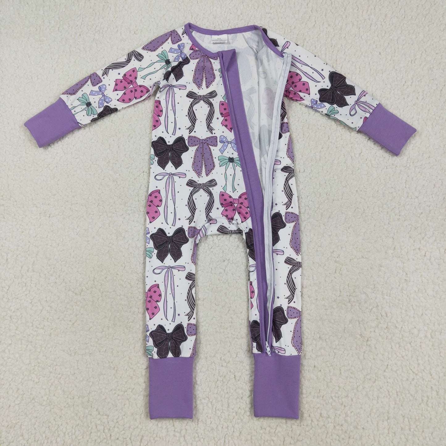 Custom moq 20 bamboo Halloween bows black purple long sleeve zipper girls romper