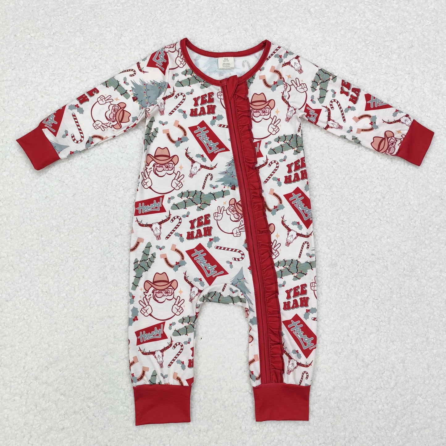 bamboo LR1277 Christmas howdy Santa tree long sleeve girls zipper romper
