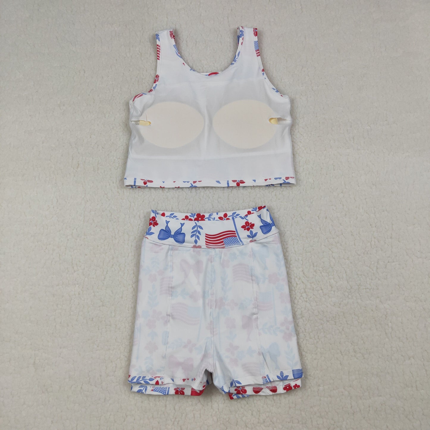 GSD3499 Yoga July 4th Flag Bows Flowers Sleeveless Skorts Girls Set