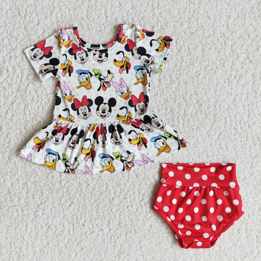 B5-10 Cartoon Print Short Sleeve Match Dots Red Bummies Set