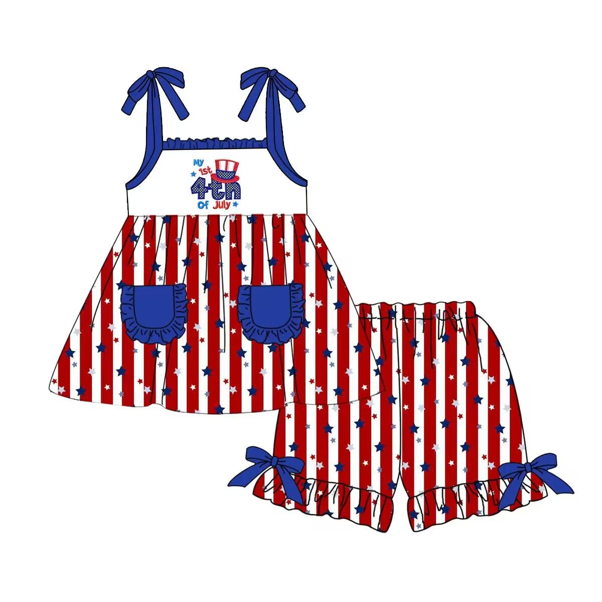 preorder GSSO0490 July 4th Red Striped Blue Star Pocket Shorts Girls Set