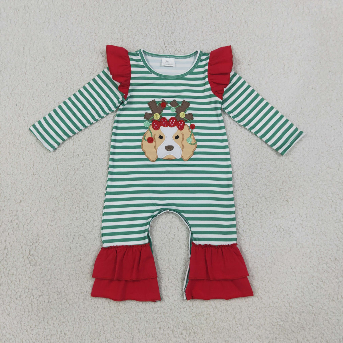Embroidery LR3145 Christmas Dog Green Striped Long Sleeve Girls Romper