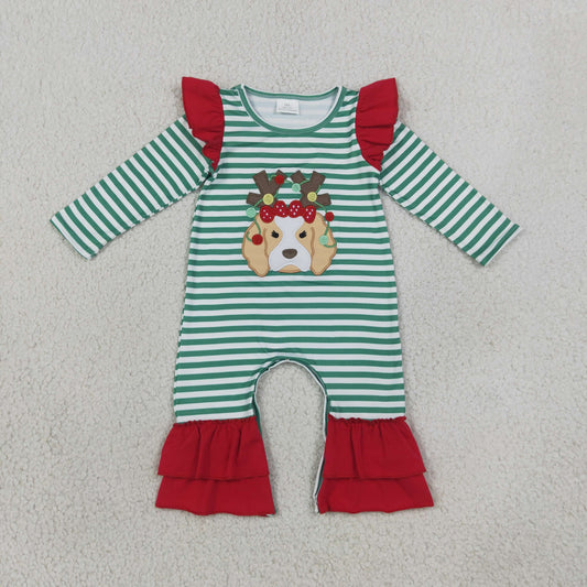 Embroidery LR3145 Christmas Dog Green Striped Long Sleeve Girls Romper