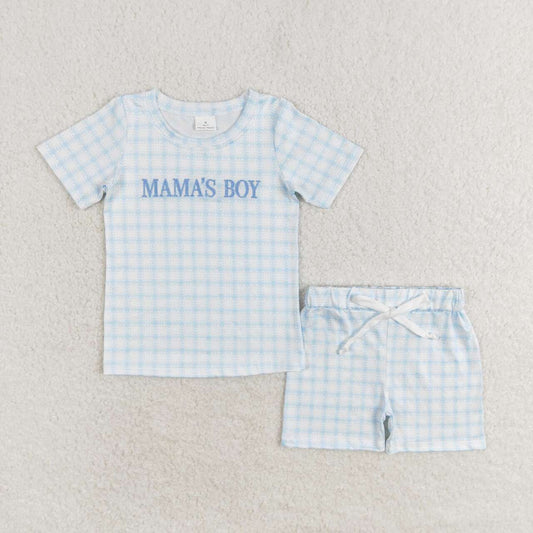 BSSO0912 embroidery mama's boy blue checkered short sleeve shorts boys set