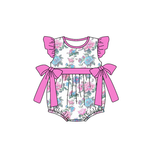 custom style blue pink flowers 3 flutter sleeve girls romper