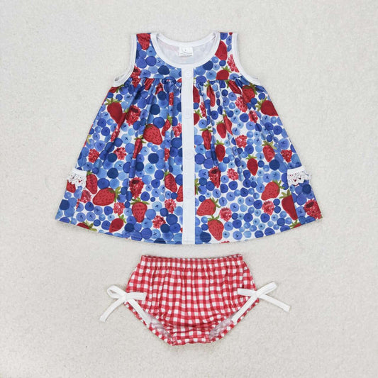 GBO0268 Fruit Strawberry Blueberry Sleeveless Red Checkered Girls Bummies Set