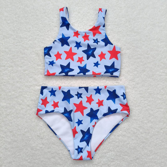 S0228 July 4th blue red star sleeveless girls swimsuits