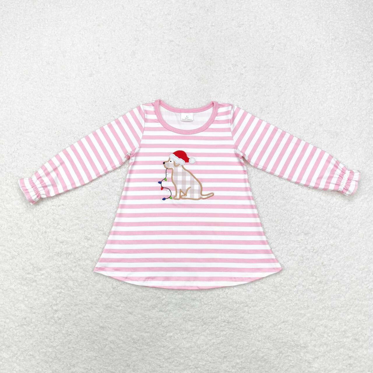 embroidery GT0659 Christmas dog light pink striped long sleeve girls pullover top
