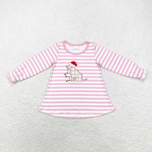 embroidery GT0659 Christmas dog light pink striped long sleeve girls pullover top