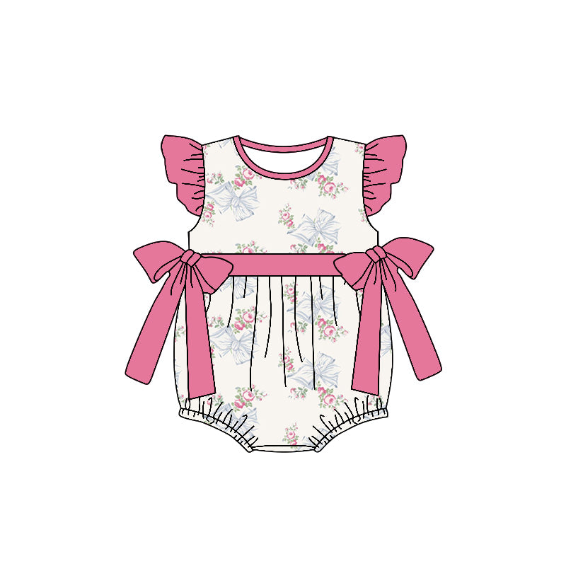 custom style flowers blue bows 3 flutter sleeve girls romper