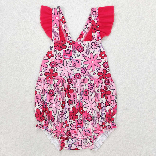 SR1423 hot pink flowers flutter sleeve girls romper