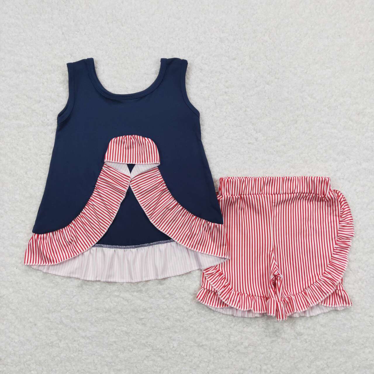 GSSO0405 embroidery Baseball navy sleeveless red striped pockets shorts girls set