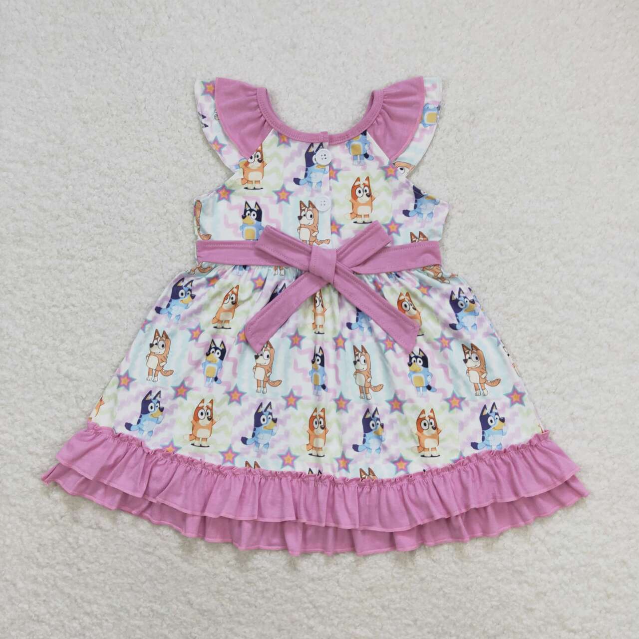 GSD1060 cartoon blue dog pink flutter sleeve girls dress