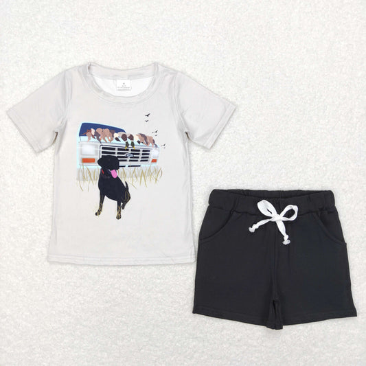 BSSO0443 Hunting Dog Mallard Short Sleeve Black Shorts Boys Set
