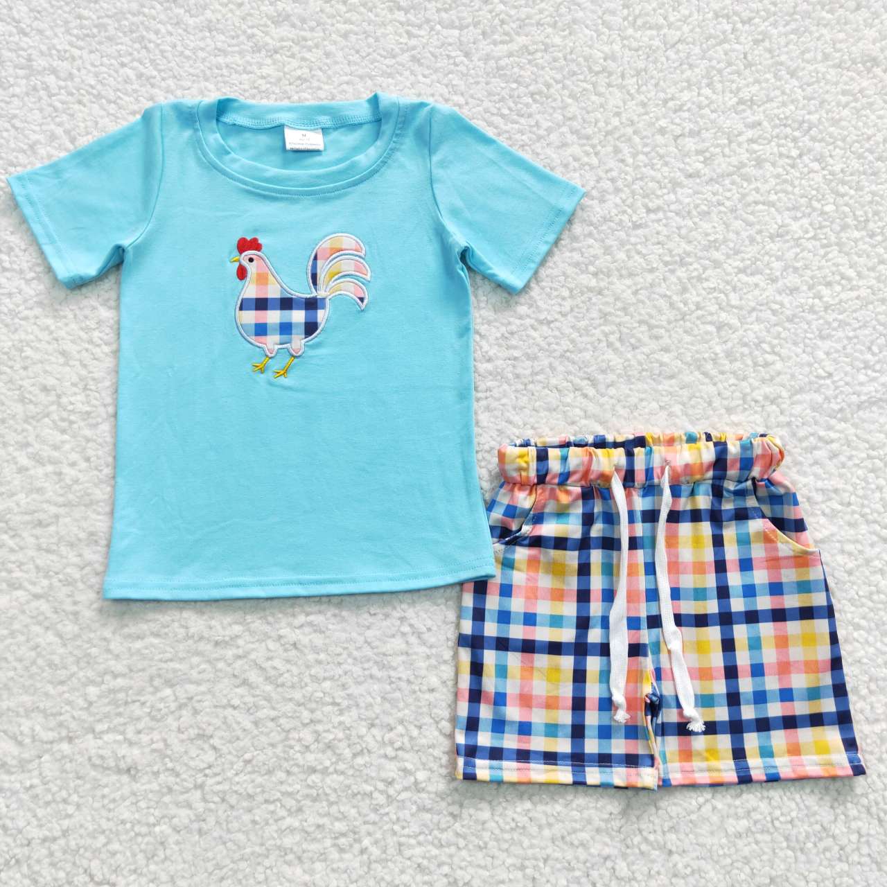 BSSO0270 Embroidery Cock Blue Short Sleeves Color Striped Shorts Boys Set