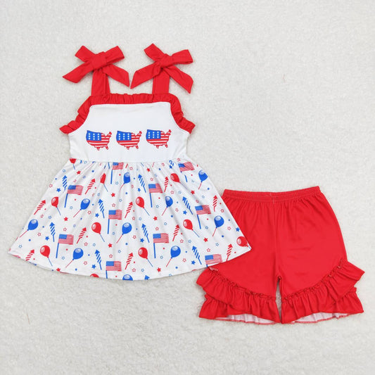 GSSO0679 July 4th flag balloon sleeveless red shorts girls set