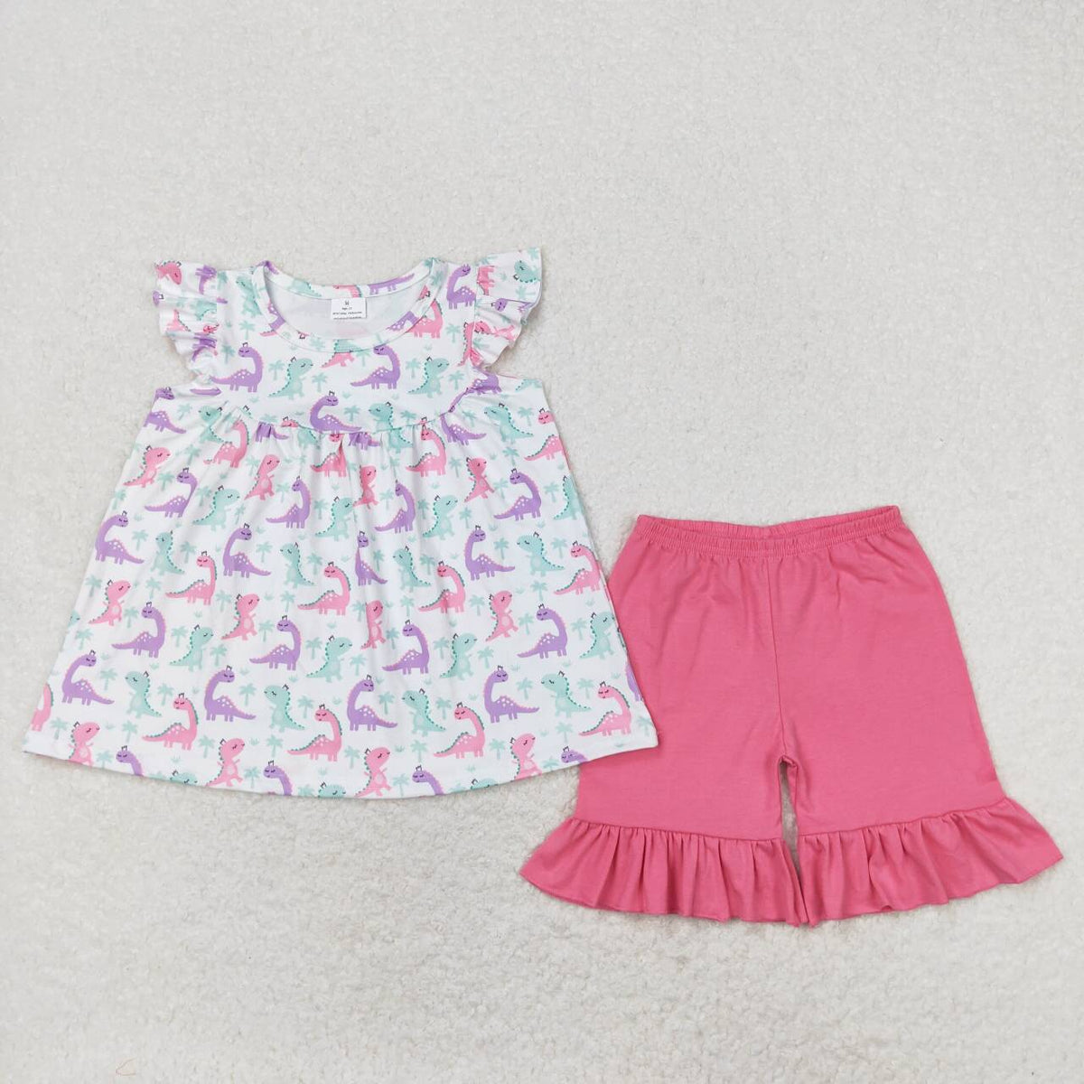 GSSO0787 colorful dinosaur flutter sleeve pink shorts girls set