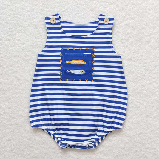 SR1074 embroidery Fishing blue striped sleeveless boys romper