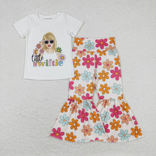 GSPO1429 Little country singer flowers white short sleeve colorful flowers pants girls set