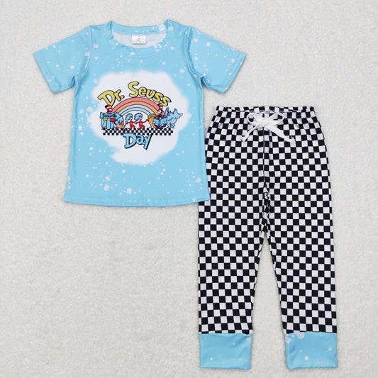 BSPO0177 Dr blue short sleeve black checkered pants boys set