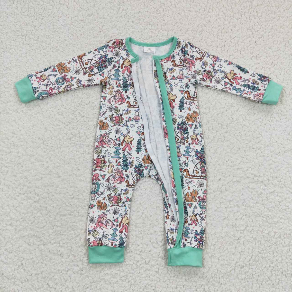 LR0296 Merry Christmas Cartoon Dogs Girls Green Long Sleeves Kids Romper