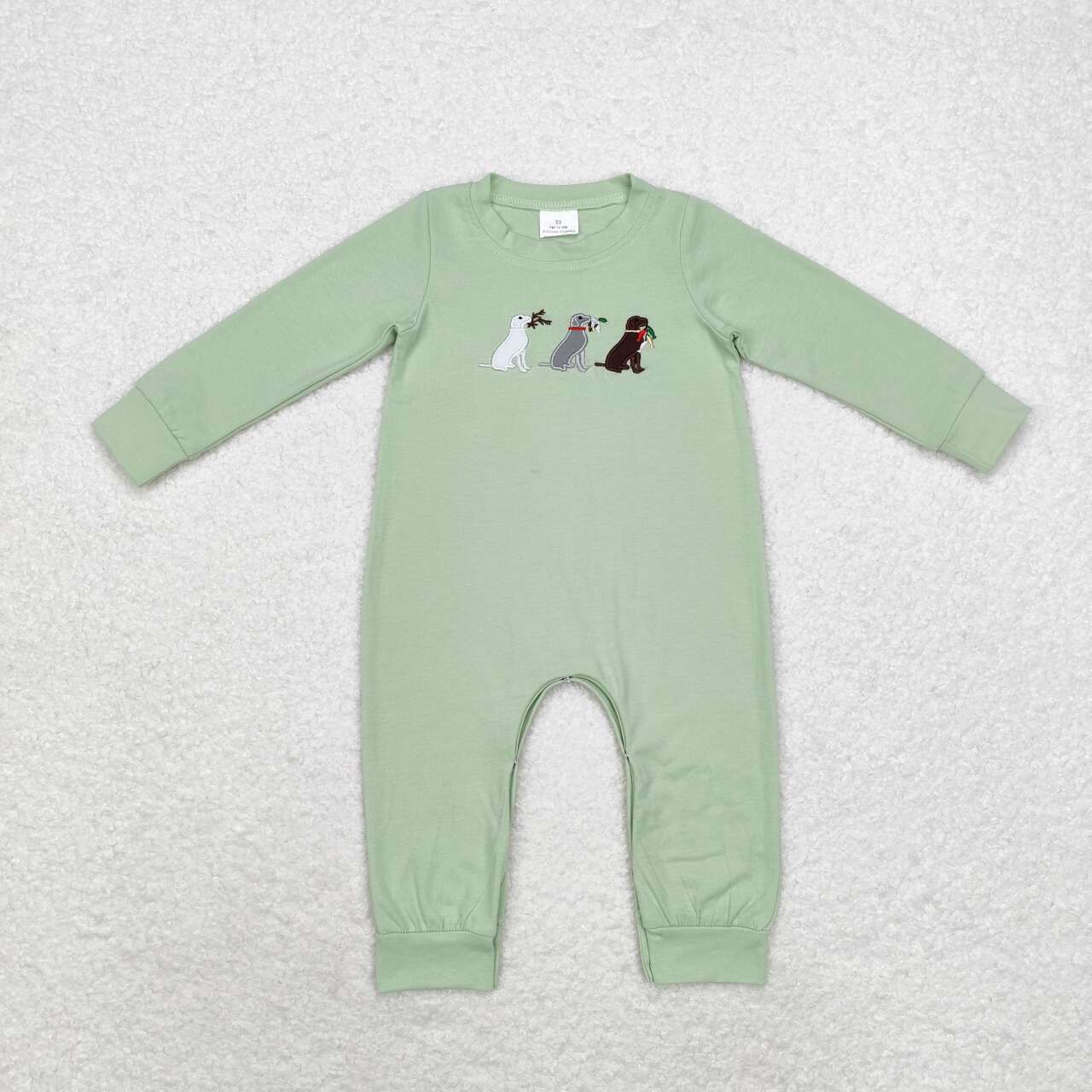 embroidery LR1496 hunting mallard dog green long sleeve boys romper