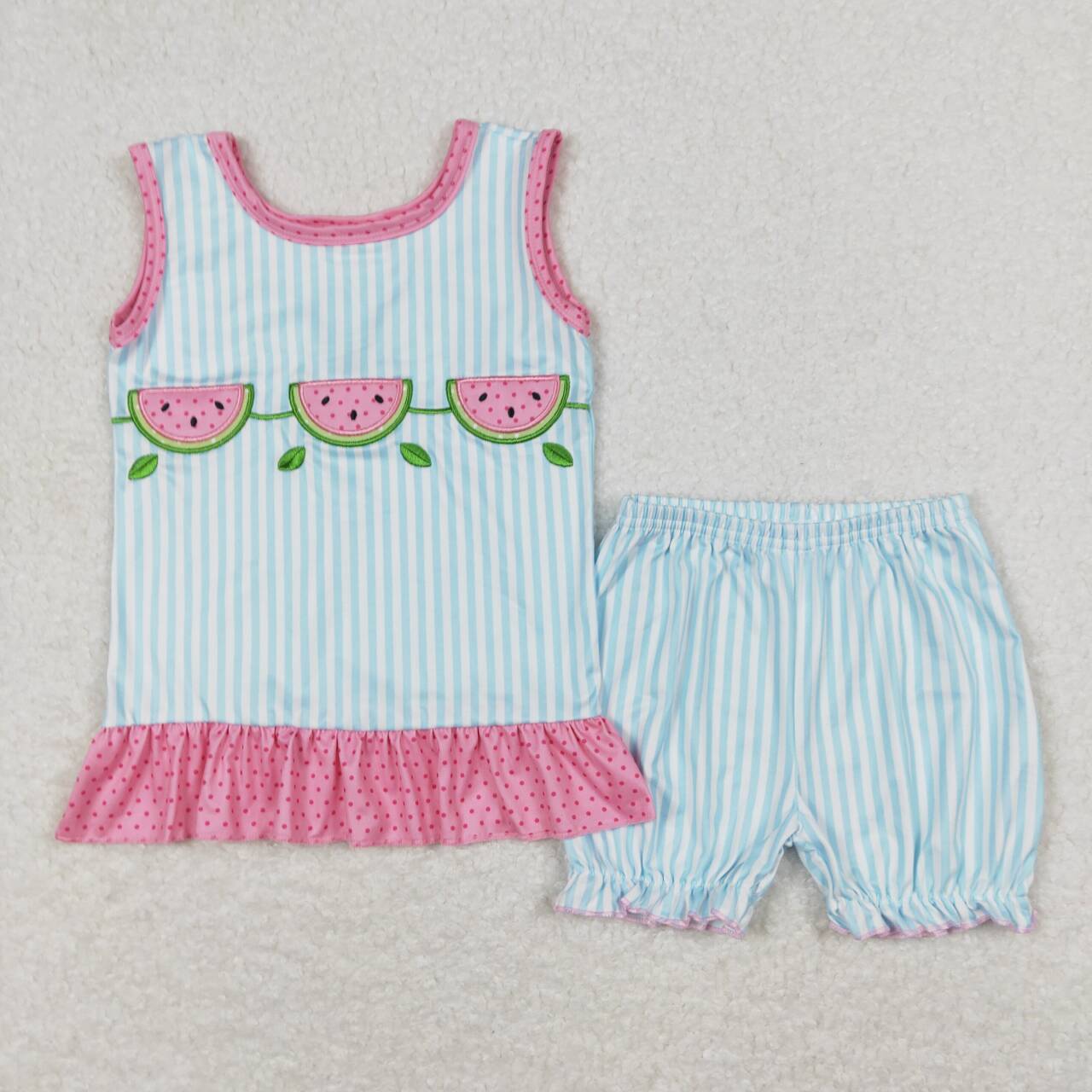 GSSO0398 embroidery Watermelon blue striped sleeveless shorts girls set