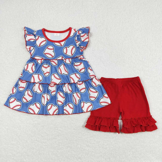 GSSO0634 Heart baseball blue flutter sleeve red shorts girls set