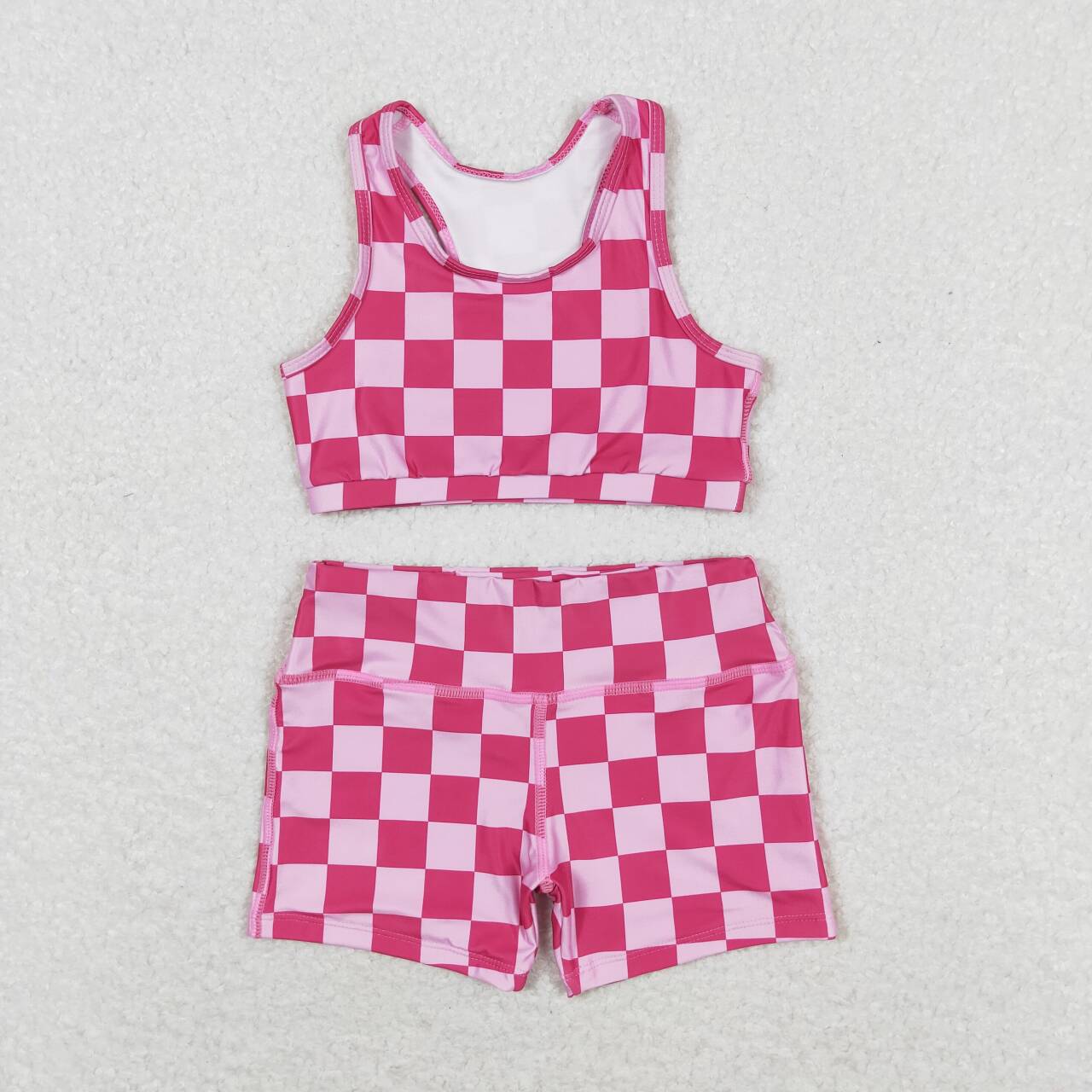 GSSO0905 hot pink checkered racer crop tanks shorts girls set