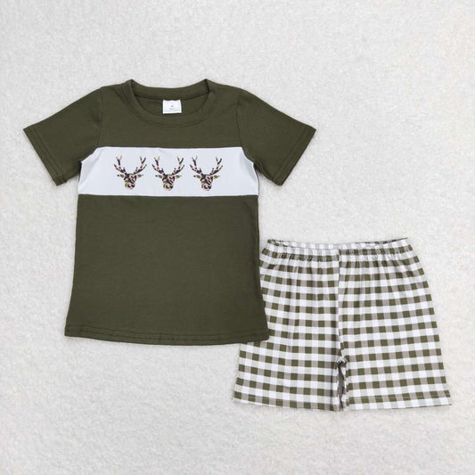 BSSO0662 Camo deer green short sleeve green checkered shorts boys set