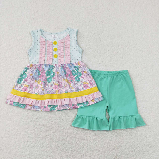 GSSO0503 Girl Colorful Flowers Sleeveless Shorts Girls Set Kids Summer Clothes