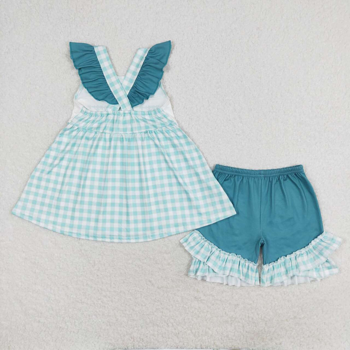 GSSO0847 lineman blue checkered flutter sleeve blue shorts girls set