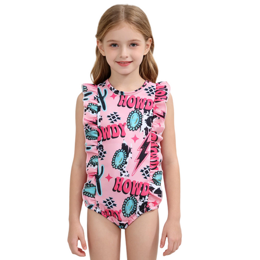 S0036 Pink Western Aztec Howdy Kids Bathing Suits Swimsuits